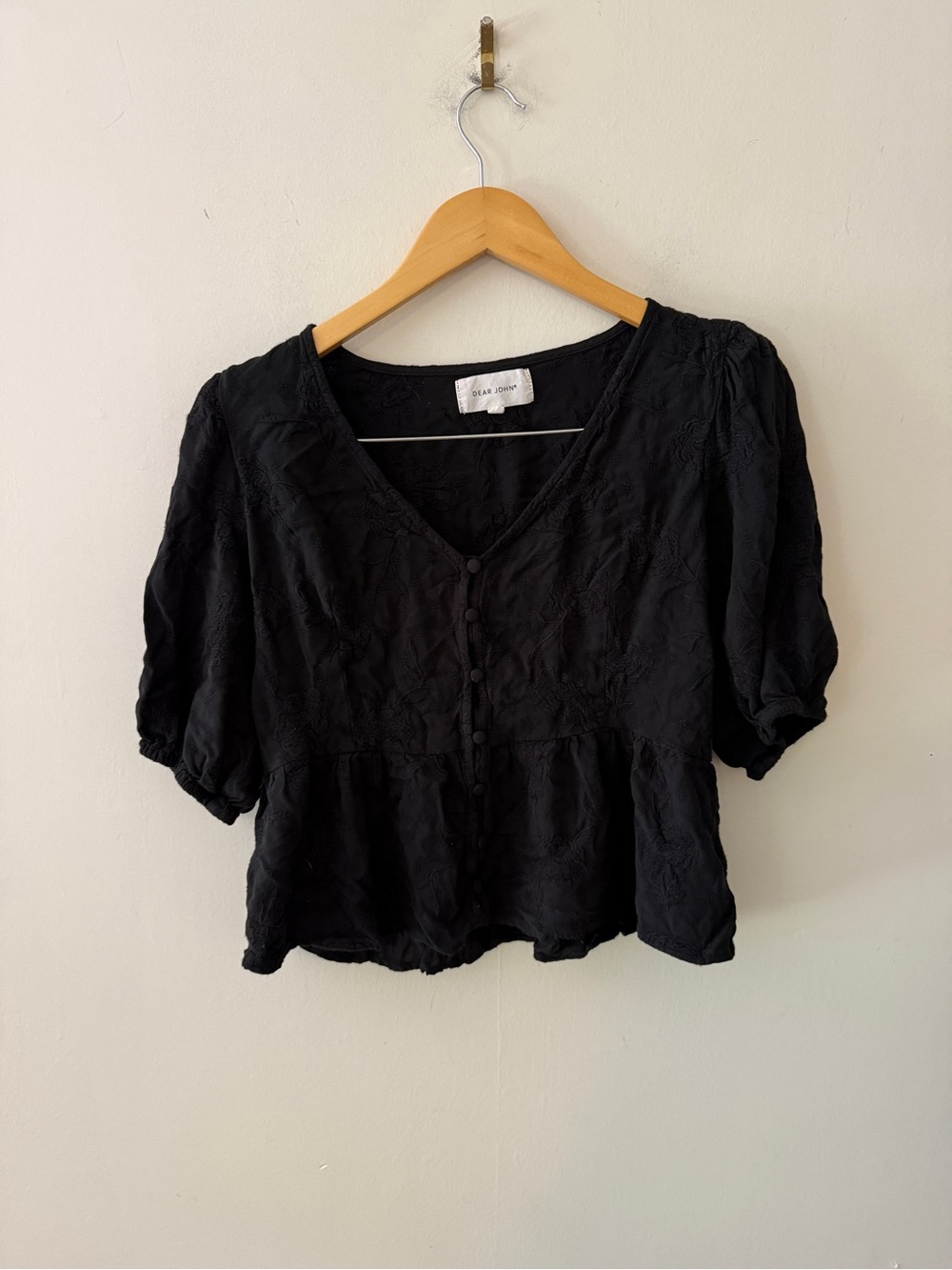 Dear John Black V-Neck Puff Sleeve Button-Front Blouse